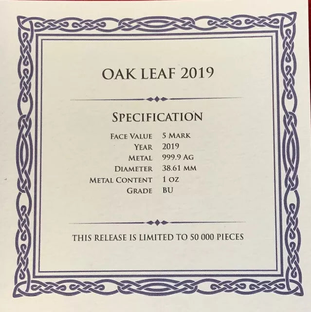 2019 Germania Oak Leaf 1 oz .999 Silver w/24K Gold Relief