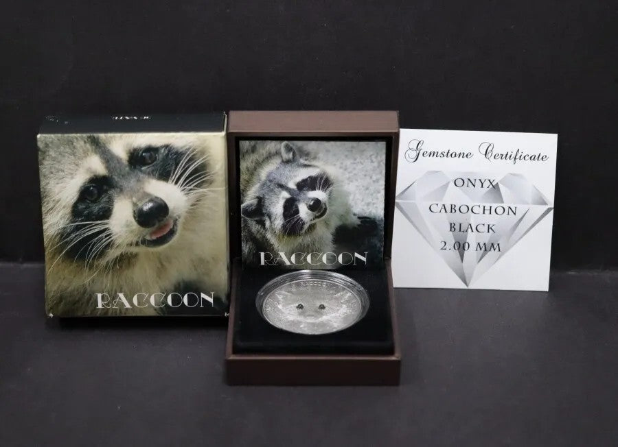 2013 Raccoon Black Onyx Eyes 1 oz .999 Silver Coin