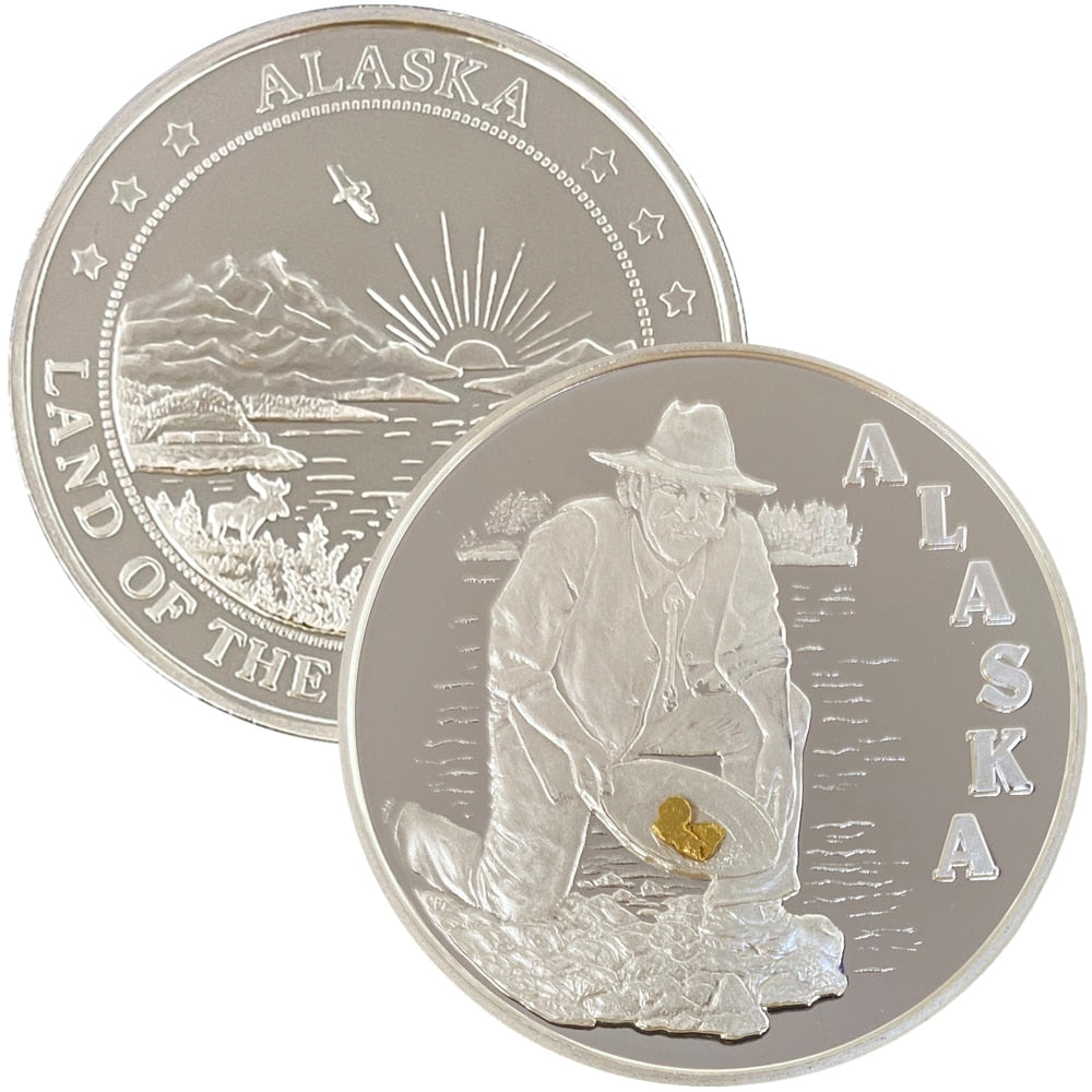 Alaskan Gold Panner Joe w/Gold Nugget 2 oz .999 Silver Coin