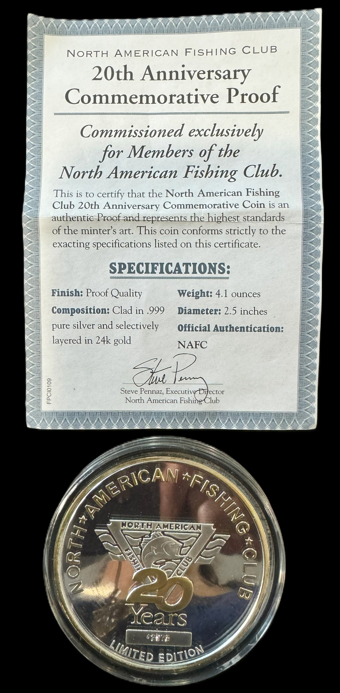 2000 N.A.F.C. 20th Anniversary 4.1 oz .999 Silver Coin w/24K Gold Relief