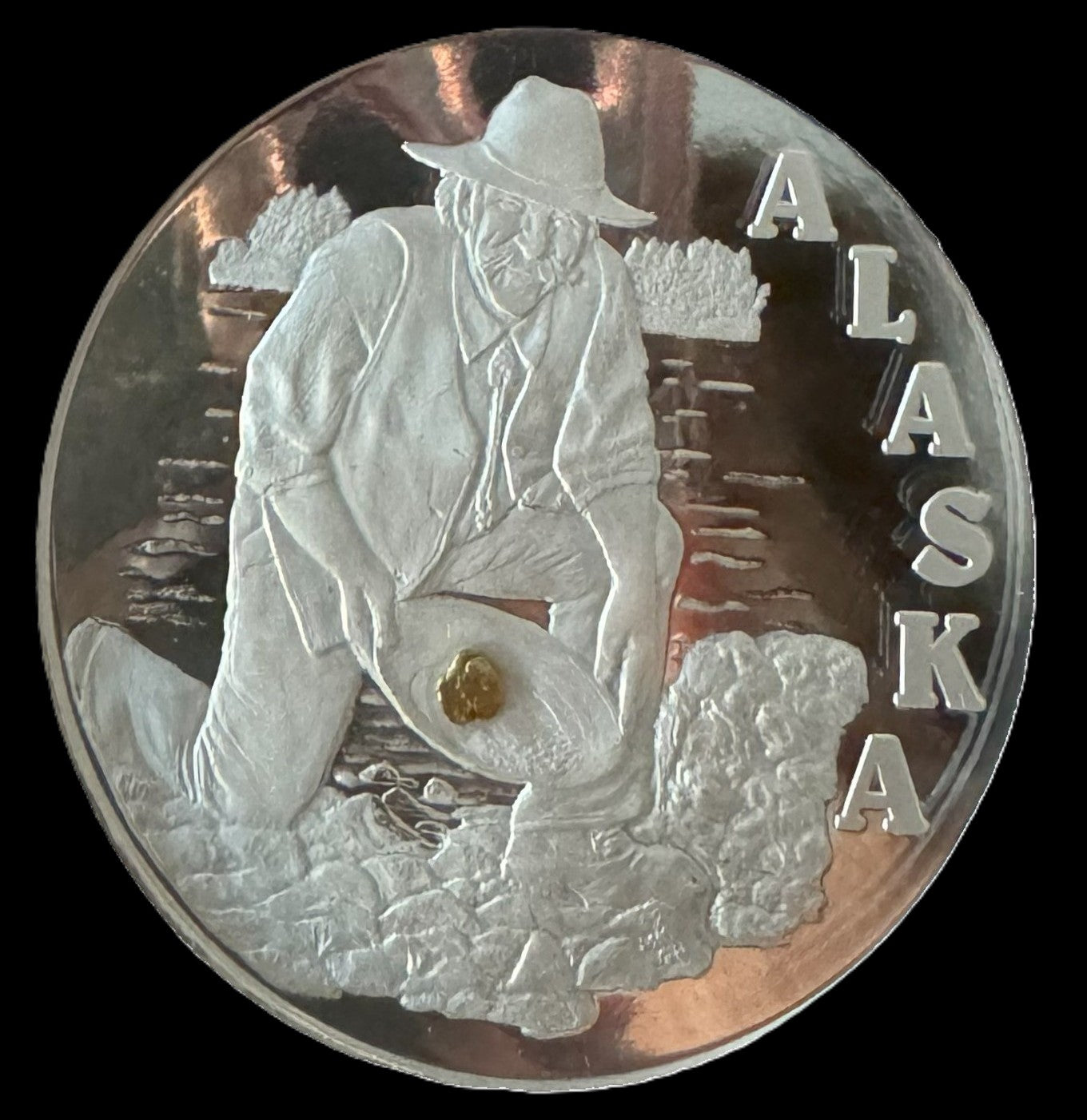 Alaskan Gold Panner Joe w/Gold Nugget 2 oz .999 Silver Coin