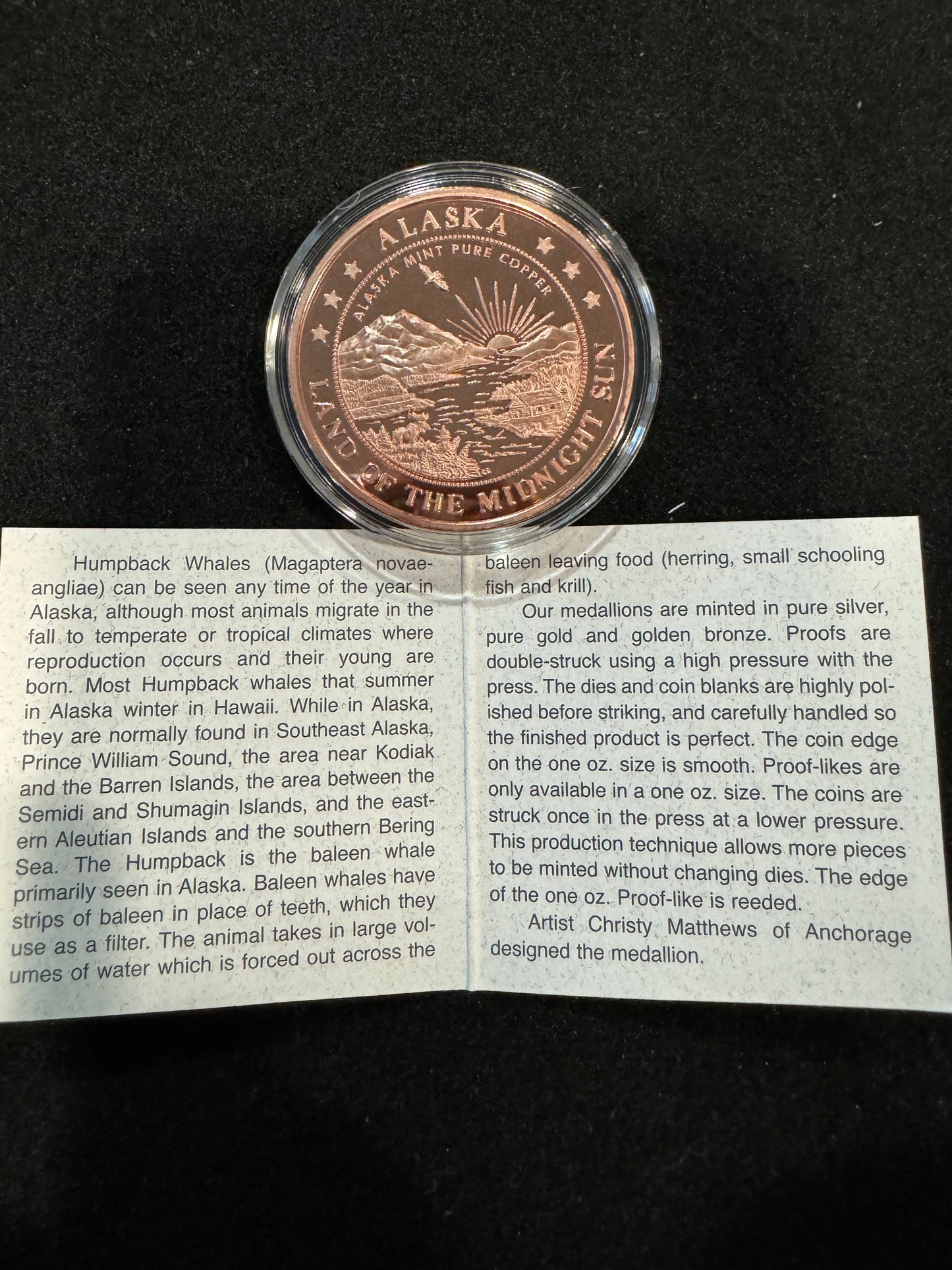 State of Alaska Humpback Whale w/Calf 1 oz .999 Copper Coin