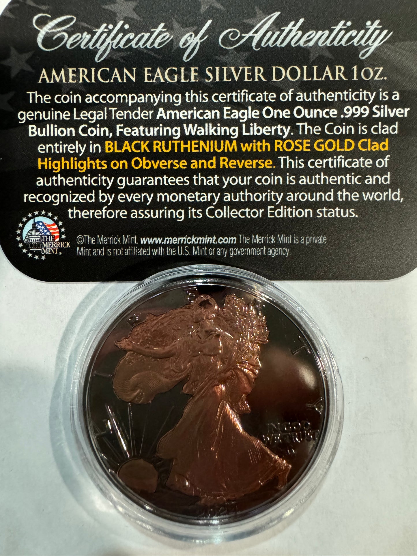 2024 American Eagle Lady Liberty Ruthenium 1oz .999 Silver Coin w/24k Rose Gold Gilding