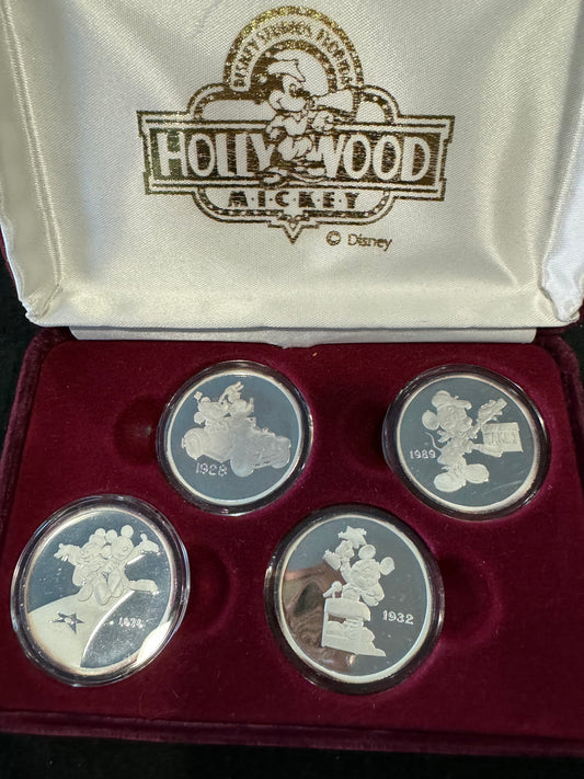 1989 Disney “Hollywood Mickey” 4pc Match COA Set 1 oz .999 Silver Coin