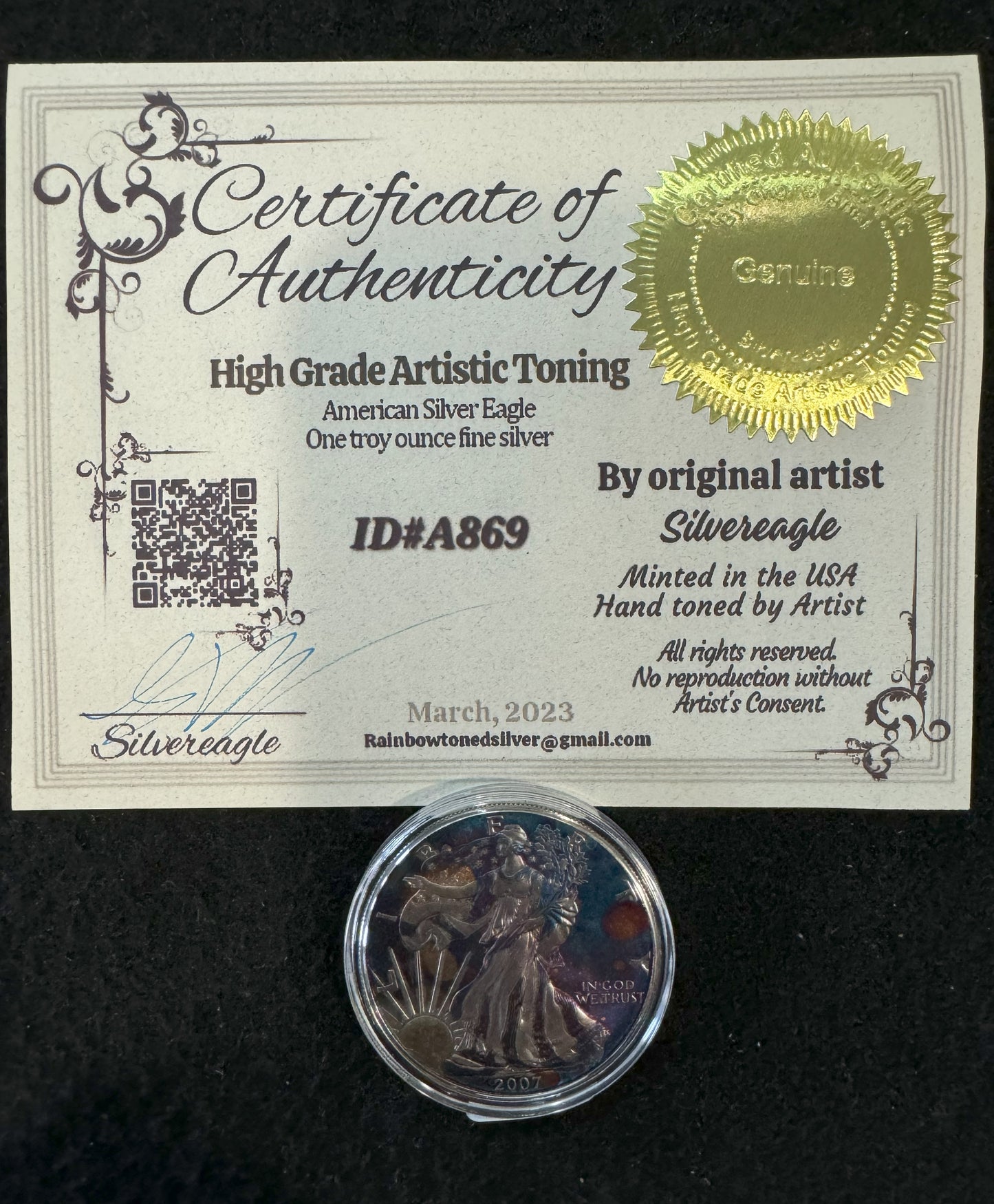 2007 American Eagle Lady Liberty Rainbow Toning 1 oz .999 Silver Coin COA #A869