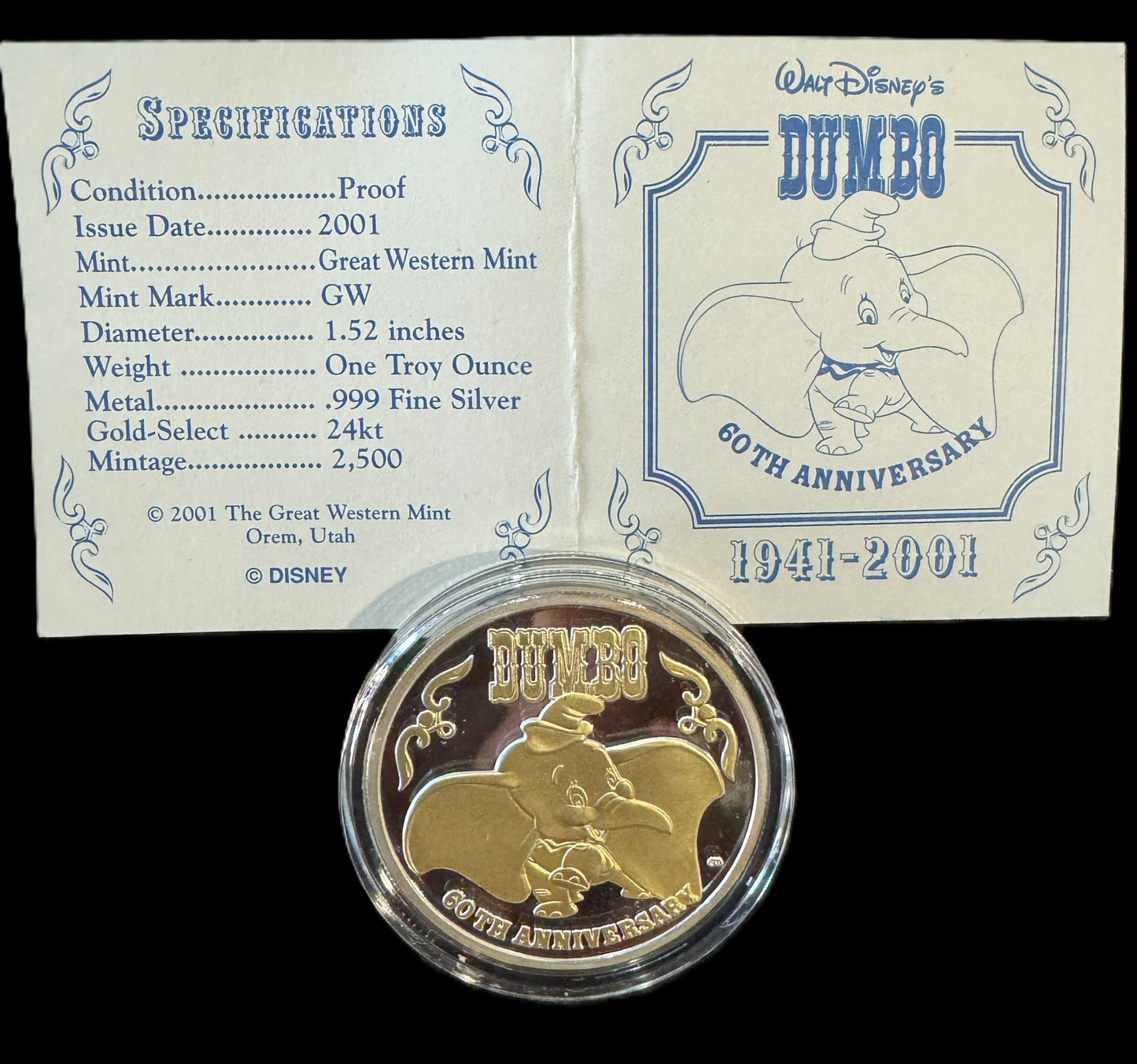 2001 Disney Dumbo 60th Anniversary 1 oz .999 Silver Coin w/24K Gold Relief