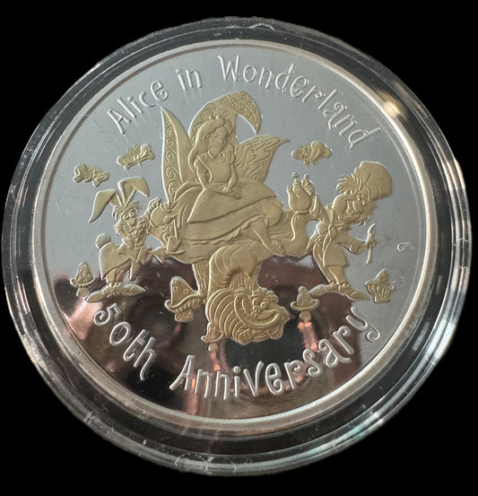 2001 50th Anniversary Alice In Wonderland 1 oz .999 Silver Coin w24K Gold Relief