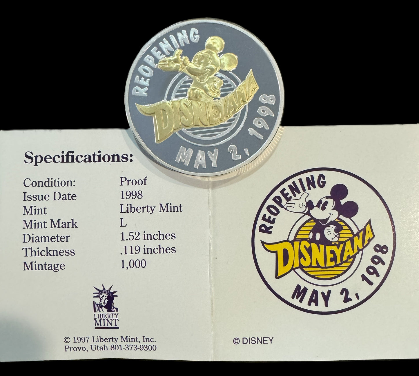 1998 Disneyana Reopening 1 oz .999 Silver Coin w/24K Gold Relief COA #0029