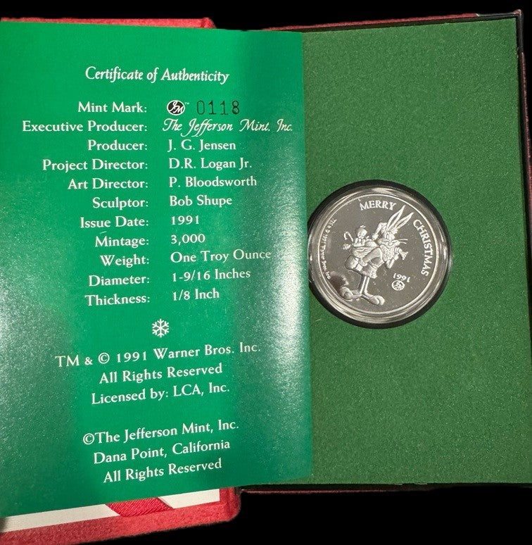 1991 Bugs Bunny Christmas Holiday Commemorative 1oz .999 Silver Coin