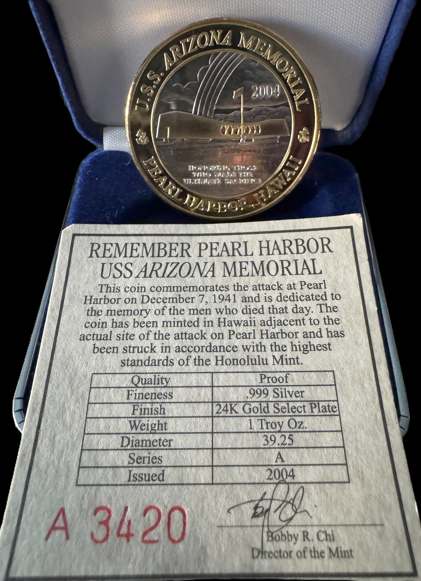 2004 Remember Pearl Harbor USS Arizona 1 oz .999 Silver Coin w24K Gold Relief