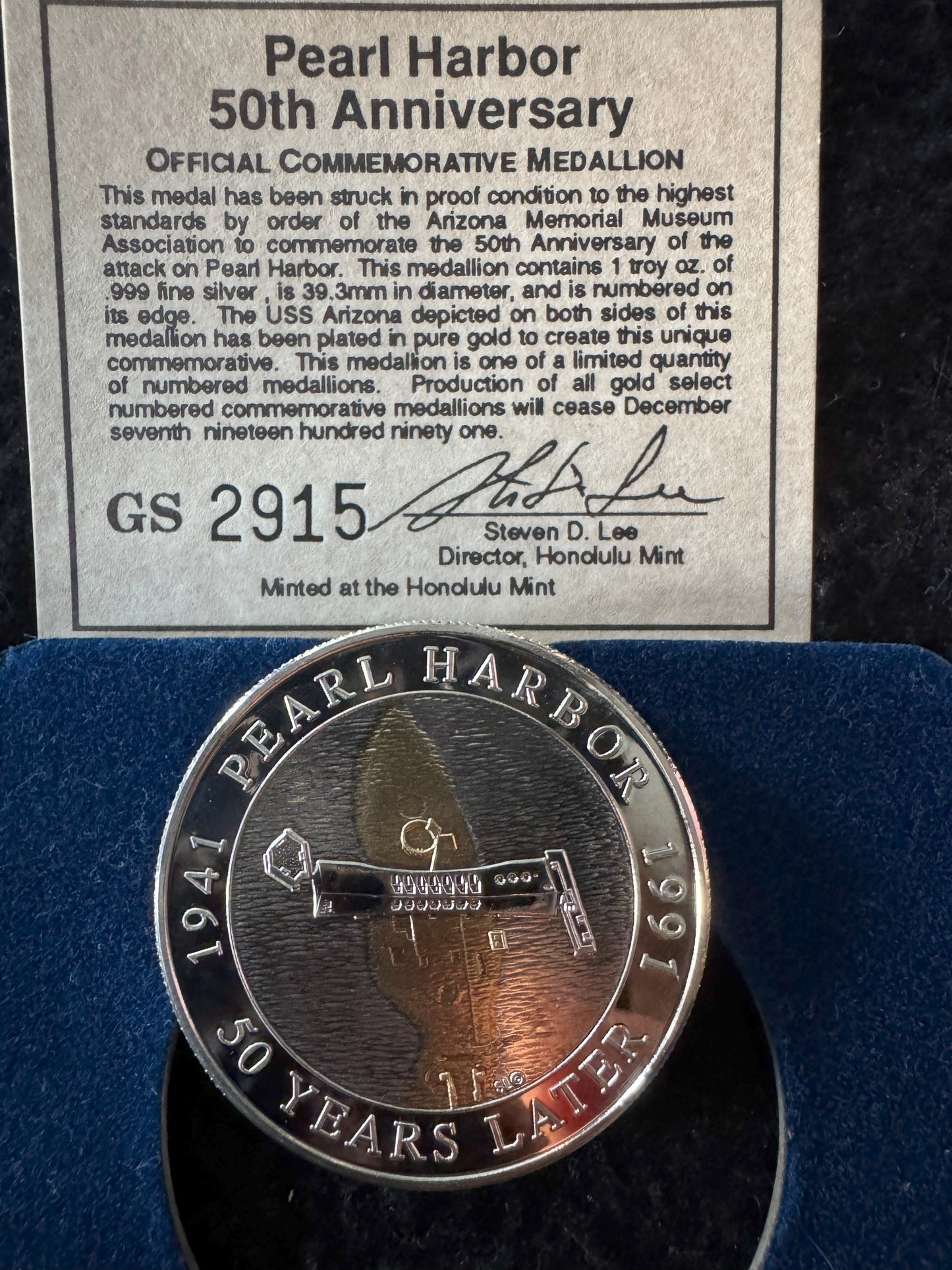 1991 Pearl Harbor 50th Anniversary 1 oz .999 Silver Coin w/24K Gold Relief