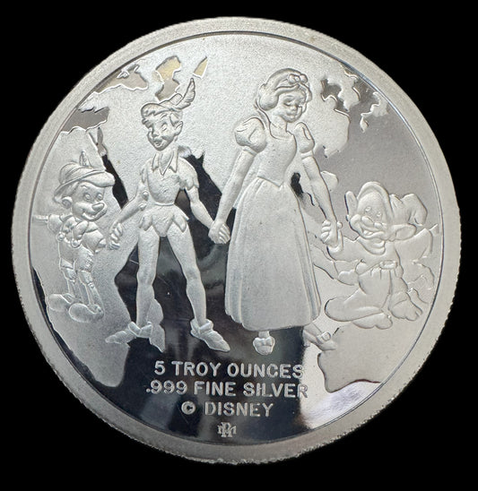 1988 Disney Around the World Snow White Peter Pan 5 oz .999 Silver Coin