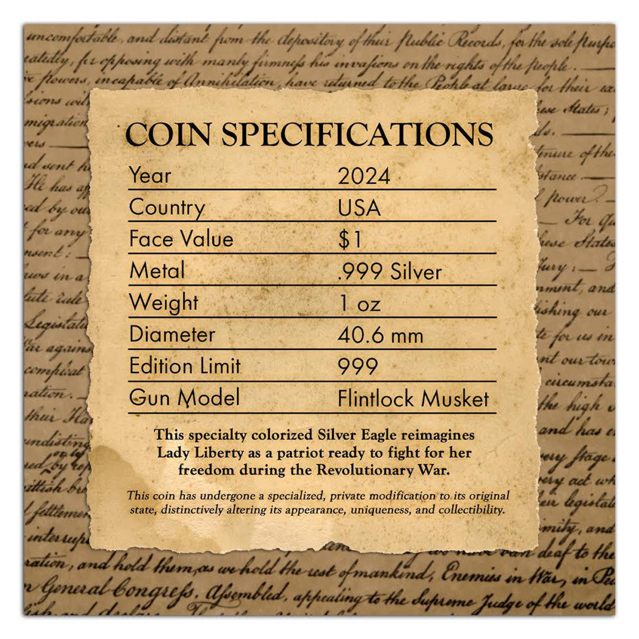 2024 American Eagle Lady Liberty Revolutionary War 1oz .999 Silver Coin