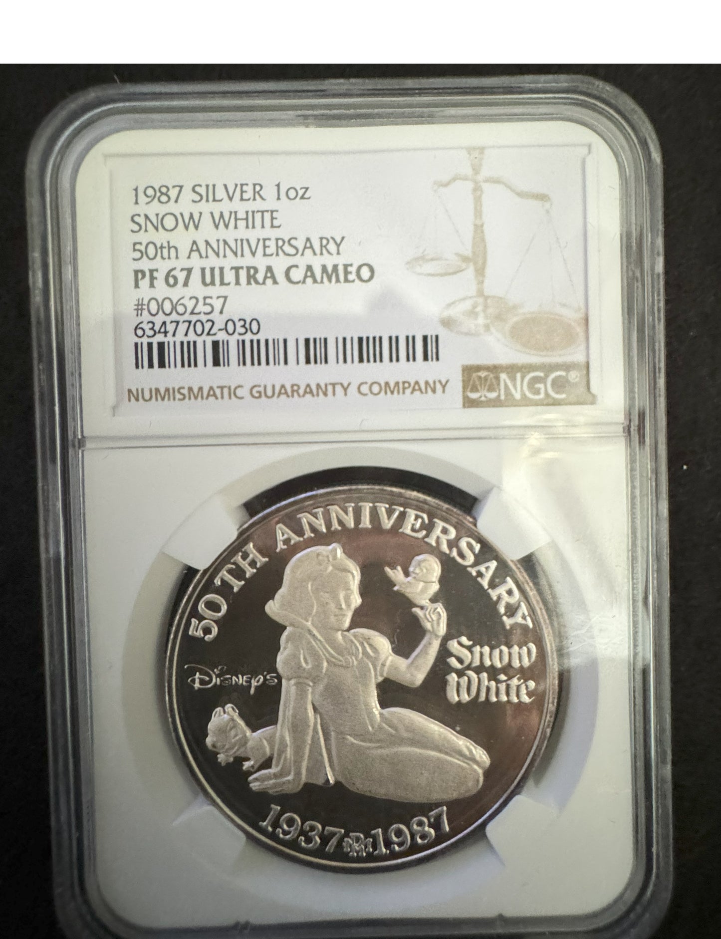 1987 Disney Snow White 50th Anniversary 1 oz .999 Silver Coin