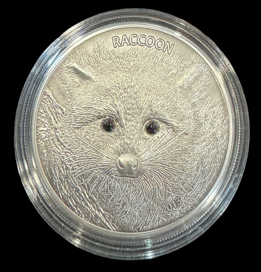 2013 Raccoon Black Onyx Eyes 1 oz .999 Silver Coin