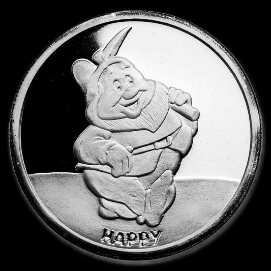 1987 Disney’s 50th Snow White & The Seven Dwarfs “Happy” 5 oz .999 Silver Coin