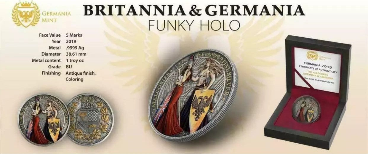2019 Britannia Germania 1 oz .999 Silver Coin w/Funky Holo Colorized